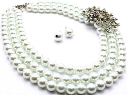 multi strand pearl necklace-White Pearl Multi Strand Necklace with Crystal Stone Flower Broach Images