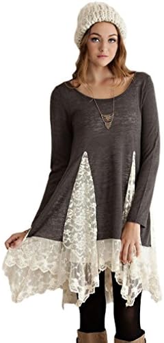 Entro Women's Long Knit Bohemian Tunic with Lace Panels (Small, Charcoal)