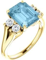 18K Yellow Gold 10.00x8.00mm Emerald Cut Aquamarine and Diamond Ring -- LIFETIME WARRANTY
