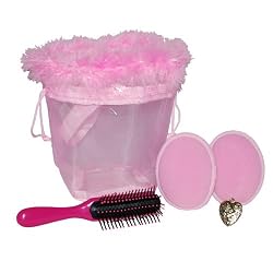 Pink Fleece Ear Mitts, Brush, Heart Pendant Feather-Top Pink Gift Bag Set (Available in 2 Sizes)