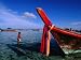 Bow of Traditional Longtail Boat with Cloth to Appease Sea Spirits, Thailand Lonely P...