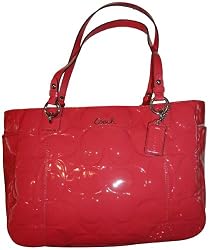Women's Coach Purse Handbag East/West Gallery Embossed Patent Leather Tote Coral