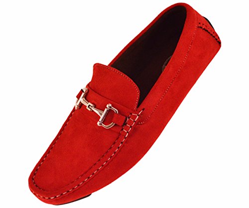 Amali Mens Red Microfiber Driving Loafer Shoes with Silver Horsebit Ornament: Style Norwalk-005