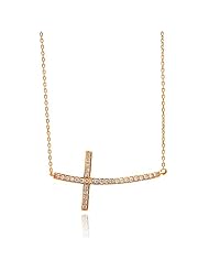 .925 Sterling Silver Rose Gold Plated Large Bended CZ Sideways Cross Charm Necklace with 16"-18" Adjustable Chain