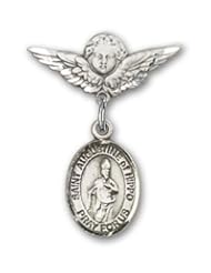 Sterling Silver Baby Badge with St. Augustine of Hippo Charm and Angel with Wings Badge Pin