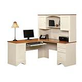 Antique White Corner Computer Desk Workstation & Hutch