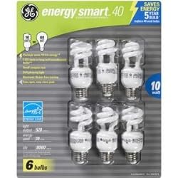 6-Pack GE Compact Flourescent (CFL) Light Bulbs 10 Watt = 40 Watt Equivalent