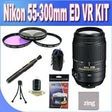 Nikon 55-300mm f 4.5-5.6G ED VR AF-S DX Nikkor Zoom Lens for Nikon Digital SLR (White Box) + 3 Piece Filter Kit w Case + Lens Pouch + Microfiber Cleaning Cloth + Lens Pen Cleaner + Accessory Saver Bundle !!