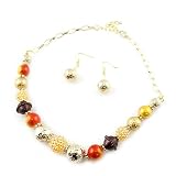 Fashion Necklace Set; 18"L; Gold Metal; Gold, Brown, Yellow and Orange beads; Lobster Clasp Closure; Matching Earrings Included;