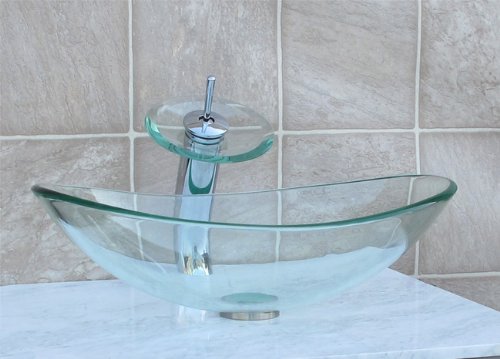 Bathroom Clear Boat Oval Glass Vessel Vanity Sink Chrome Faucet