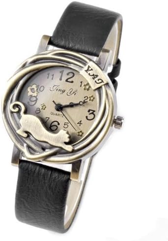 Top Plaza Fashion Women's Vintage Retro Analog Quartz Watch, Bronze Case with Cat - Black