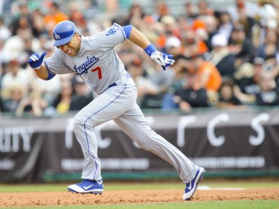 Los Angeles Dodgers v San Francisco Giants, SCOTTSDALE, AZ - FEBRUARY 26: James Loney Photographic Poster Print by Rob Tringali, 12x16