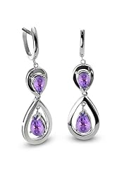 CleverEve Luxury Series One Pair Double Pear-Shaped Silver Earrings w/ 9mm & 7mm Genuine Pear Cut Amethyst Stones