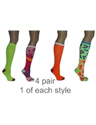 Apparel: PACK OF 4 Tall boot Knee High over the calf ladies knee-hi novelty SOCKS (Neon Green Leopard print - Neon Pink Zebra print - Lime Green qith purple toe heel - Neon Orange with purple toe heel)