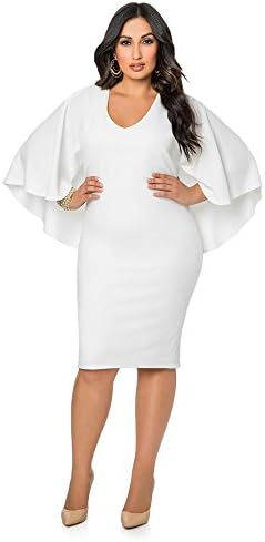 Women Sexy White V-Neck 3/4 Sleeve Bodycon Cape Dress 2XL