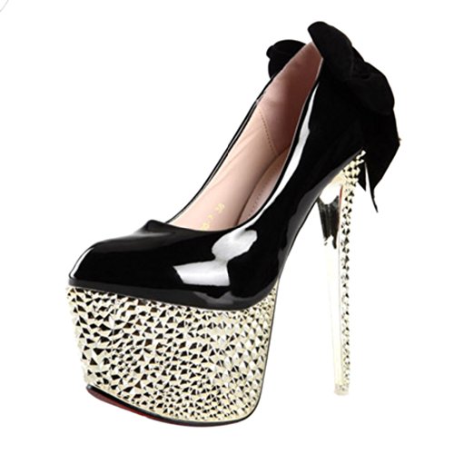VonFon Women Work Space Black PU Leather Round Toe Bowknot Rhinstone Super High Stiletto Heel Platform Pumps 7.5US