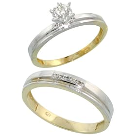 Sterling Silver (Gold Plated) 2-Piece Diamond Ring Set, 3mm Engagement Ring & Man's 4mm Wedding Band, Size J
