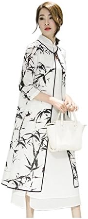 Women Ladies Bamboo Print 2 Piece Linen Silk Cheongsam Qipao Dress with 3/4 Sleeve (M)