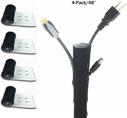48" Neoprene Cable Management Sleeve with Velcro Strap (Black/White, 5" width, 4 Pack) I Cord organizer for Desktop, TV, PC I Cord Hider for Home and Office I