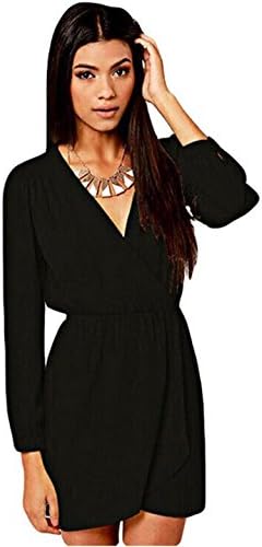 Uner Solid Color Deep V Neck Collect Waist Chiffon Long Sleeve Dress (XXL, Black)