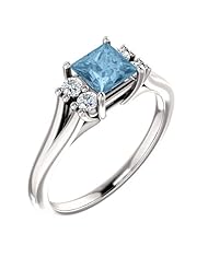Platinum 5.00x5.00mm Princess Cut Sky Blue Topaz and Diamond Ring -- LIFETIME WARRANTY