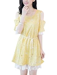 Short Sleeves General Print Round Neck Cutout Lace Polyester Short  Dress