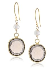White Freshwater Cultured Pearl Accents on Gold over Silver Smoky Quartz Bezel Drop Earrings