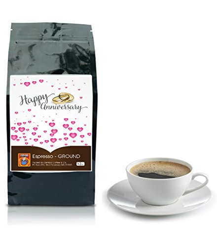 Happy Wedding Anniversary Coffee Gift. Why Give a Boring Card When You Can Surprise Your Love One with This Amazing Gourmet Coffee Gift or Just Add It to Your Gift Basket. Espresso Ground 12oz