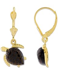 Black Coral Turtle Earrings in 14K Yellow Gold - Small