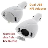 meroTronic Universelles Doppel USB-Kfz-Ladegerät mit 12-24V Anschluss und USB Datenkabel in Farbe WEISS !!! zusätzlich bietet der Doppellader eine freie Buchse!!