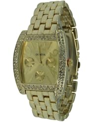 Women Fashion Watch - Ladies Oval Square 2 Row Cz Bracelet Watch - Gold