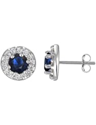 1 CT Blue Sapphire & Diamond Cluster Earrings 14K White Gold