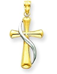 14K Two Tone Gold Flame Cross Pendant Charm Jewelry