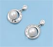 Sterling Silver Earrings with Clear CZ & Fresh Water Pearl - 17MM