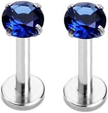 Lots of 2 Pcs 16g 3mm Round Cz Gem Lip Ring Labret Stud Steel Flat Back (Blue)