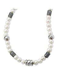 Sterling Silver W/14k 9.5-10mm Fw Cultured Pearl & Barrel 20in Necklace