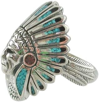 Large Southwestern Style Indian Chief Headdress Ring with stabilized turquoise & Coral Chip Inlay in Sterling Silver for Men, Size 9