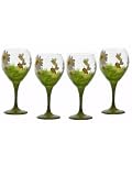 ArtisanStreet's Daisy & Bumblebee Wine Goblets. Set of 4 Hand Painted Wine Glasses. Unusual Set Features Bees Buzzing Around White Daisies on Field of Green Grass. Made to Order. Signed by Artisan.
