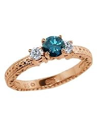 0.79 Ct Round Blue and G/H Diamond 18K Rose Gold 3-Stone Ring