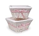 Badger Basket White Wicker Nursery Basket with White Waffle Liner and 4 Ribbons Set of Two