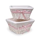 Badger Basket White Wicker Nursery Basket with White Waffle Liner and 4 Ribbons Set of Two
