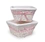 Badger Basket White Wicker Nursery Basket with White Waffle Liner and 4 Ribbons Set of Two