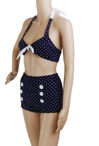 Bikini Navy Blue Polka Dot Retro 50s Pin up Rockabilly Vintage Tie Bow Back Halter MOD Women's Swimwear Size Xl , X-large