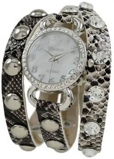 Geneva Platinum 12954012 Designer Inspired wrap around watch with Polished, gold studs, and crystal rhinestones -BLACK PHYTON/SILVER