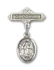 Sterling Silver Baby Badge with St. Isidore the Farmer Charm and Godchild Badge Pin