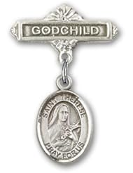 Sterling Silver Baby Badge with St. Therese of Lisieux Charm and Godchild Badge Pin
