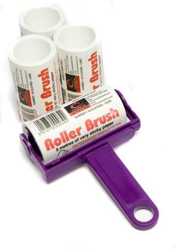 Purple Trident Sticky Roller Brush and 3 Refills (20m of sticky paper) with adhesive surface which can be torn off & thrown away once used. Designed for removing lint, dust & animal hair from clothes & upholstery