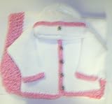 Ck601, Knitted on Hand Knitting Machine White Cotton with Hand Crocheted Raspberry Chenille Trim Cardigan Sweater Hat Set and Matching Large Blanket