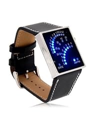 Black LED Sports Watch Unisex Faux Leather Band Blue Backlit Fan Dial - BLUFAN