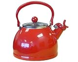 Calypso Basics 2-1/2-Quart Enamel-on-Steel Whistling Teakettle with Glass Lid, Red